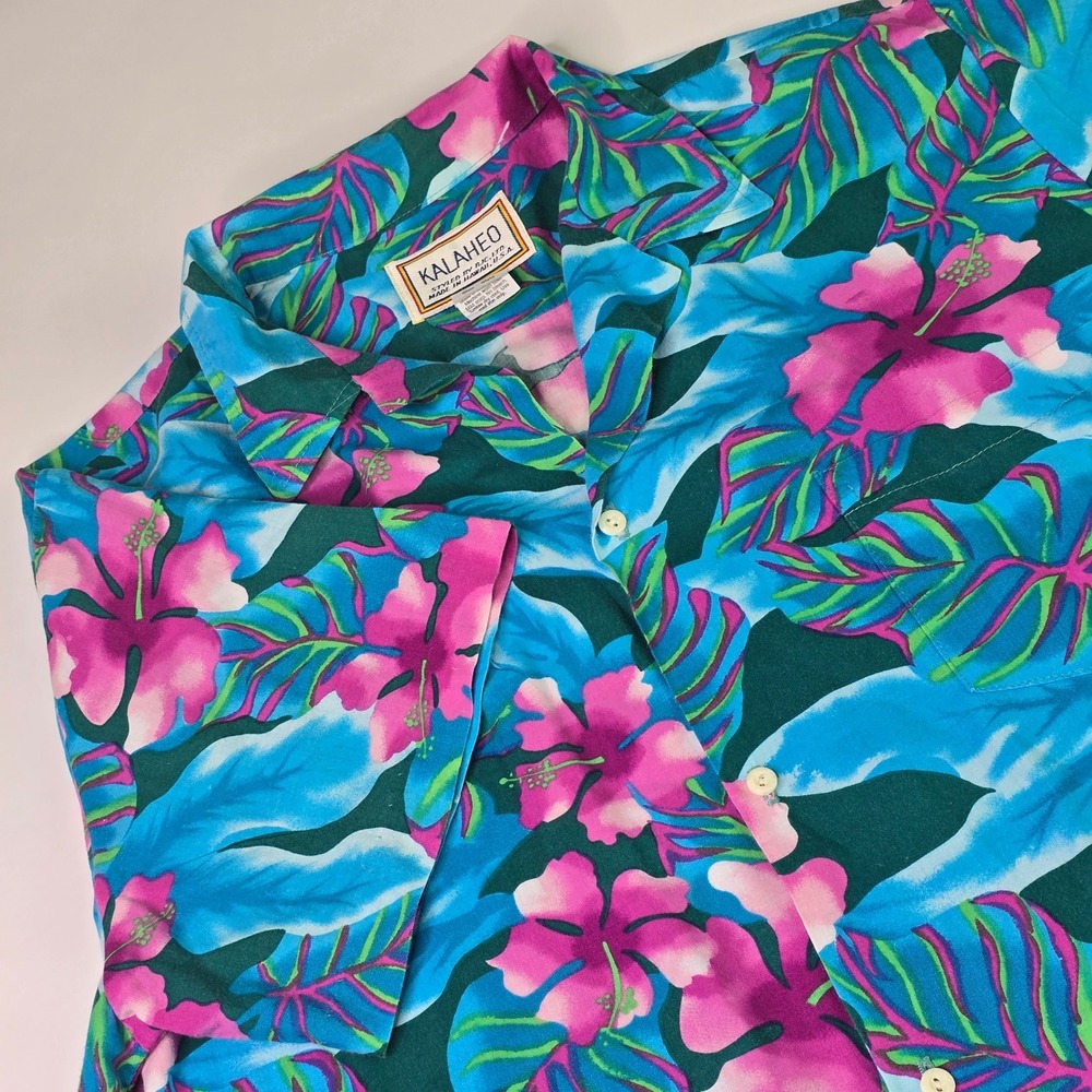Vintage Kalaheo Hawaiian Shirt Mens Large Teal Pink Floral Made in USA Aloha